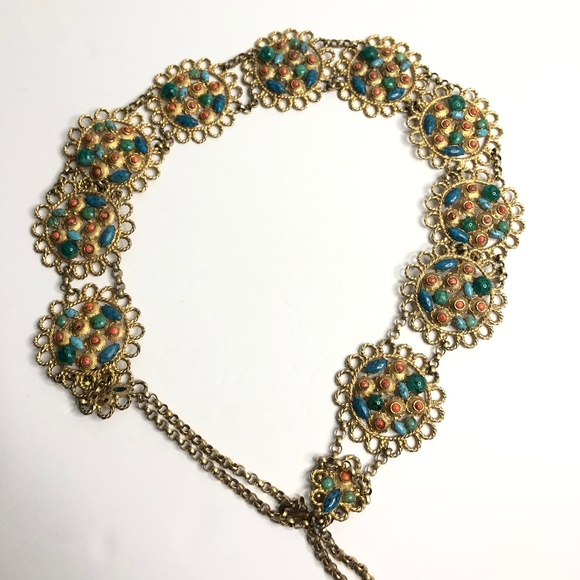 Kenneth Jay Lane KJL Cabochon Coral Turquoise Jade Glass Flower Chain Brass Belt main image 5